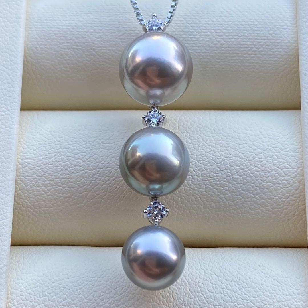 本真珠　南洋黒蝶真珠3連パールネックレストップ　グレーPT925