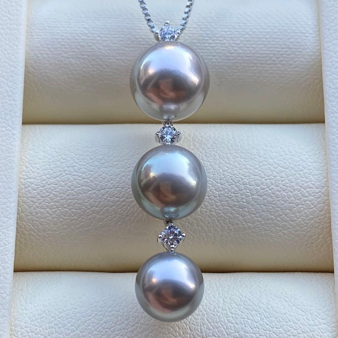 本真珠　南洋黒蝶真珠3連パールネックレストップ　グレーPT925