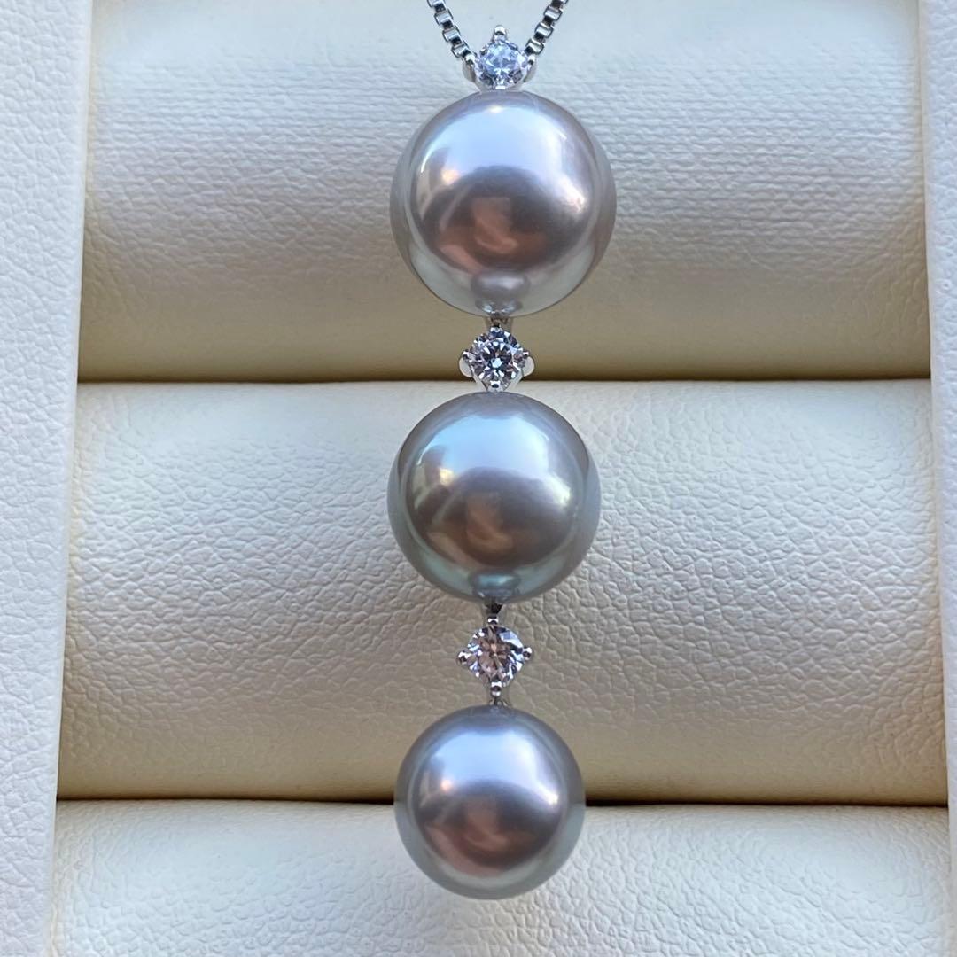 本真珠　南洋黒蝶真珠3連パールネックレストップ　グレーPT925