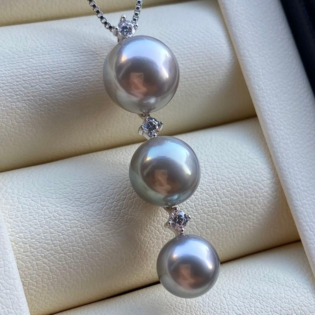 本真珠　南洋黒蝶真珠3連パールネックレストップ　グレーPT925