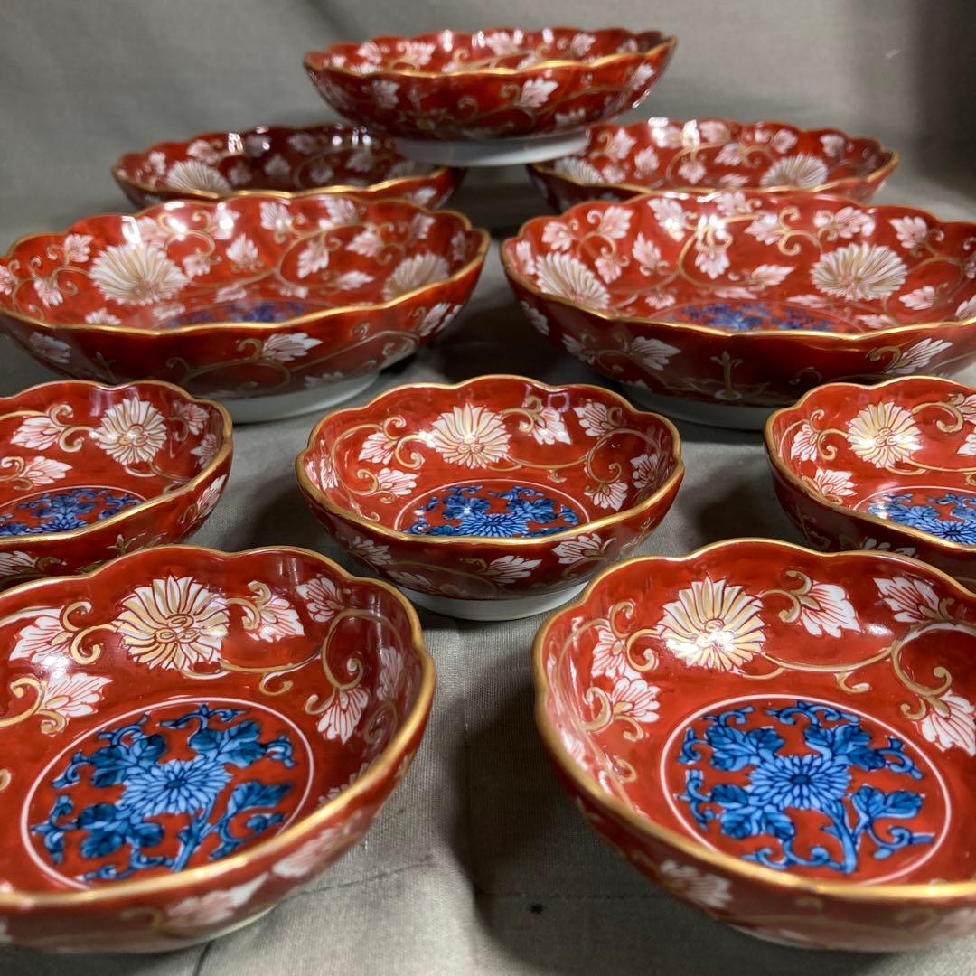 【源右衛門】古伊万里の伝統　日本の銘窯　源右衛門作　赤濃菊唐草文　向付大小十客揃