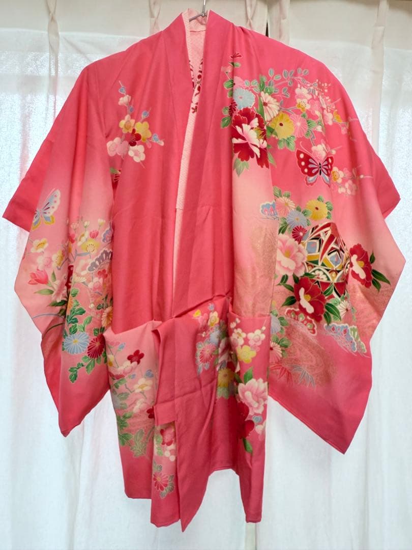 七五三用ピンク着物 花柄 蝶模様
