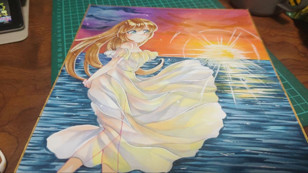 最終値下げ中！　夕焼けの海　コピック　原画　イラスト