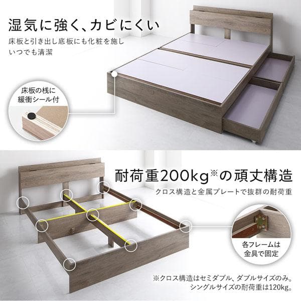 ベッド セミダブル ベッドフレームのみ ブラウン 宮付 収納ベッド