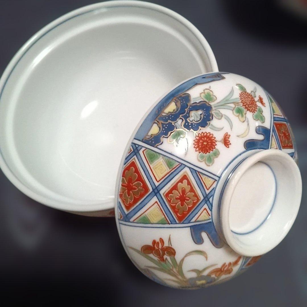 有田焼　其泉窯　染め錦地紋草花紋金彩　雑煮椀、蓋付き丼5個