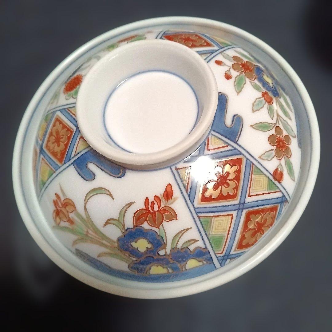 有田焼　其泉窯　染め錦地紋草花紋金彩　雑煮椀、蓋付き丼5個