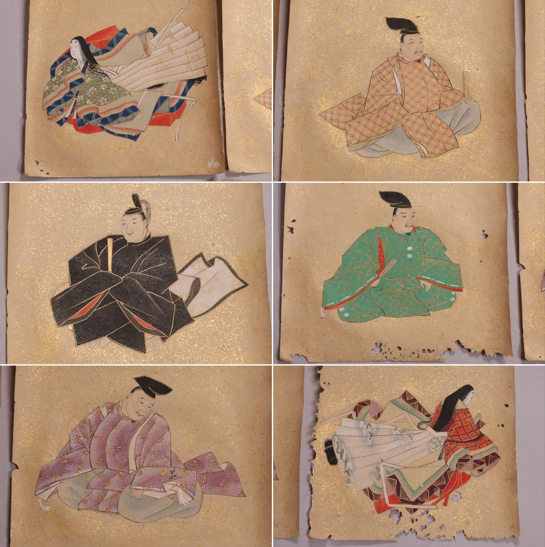 古画 三十六歌仙 紙本 肉筆 36枚 木箱 彩色 金彩 歌人 日本【MB198】