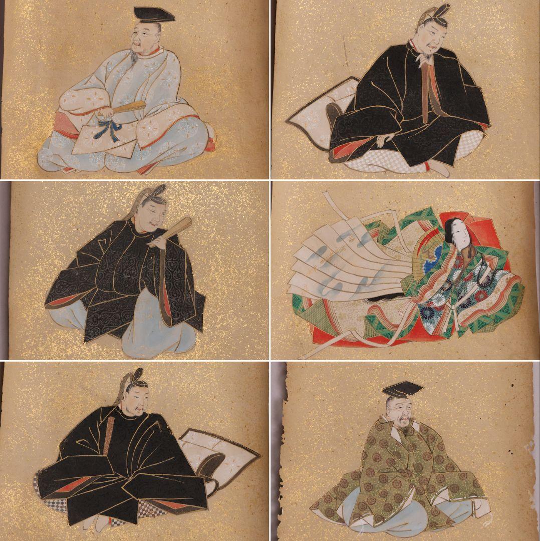 古画 三十六歌仙 紙本 肉筆 36枚 木箱 彩色 金彩 歌人 日本【MB198】