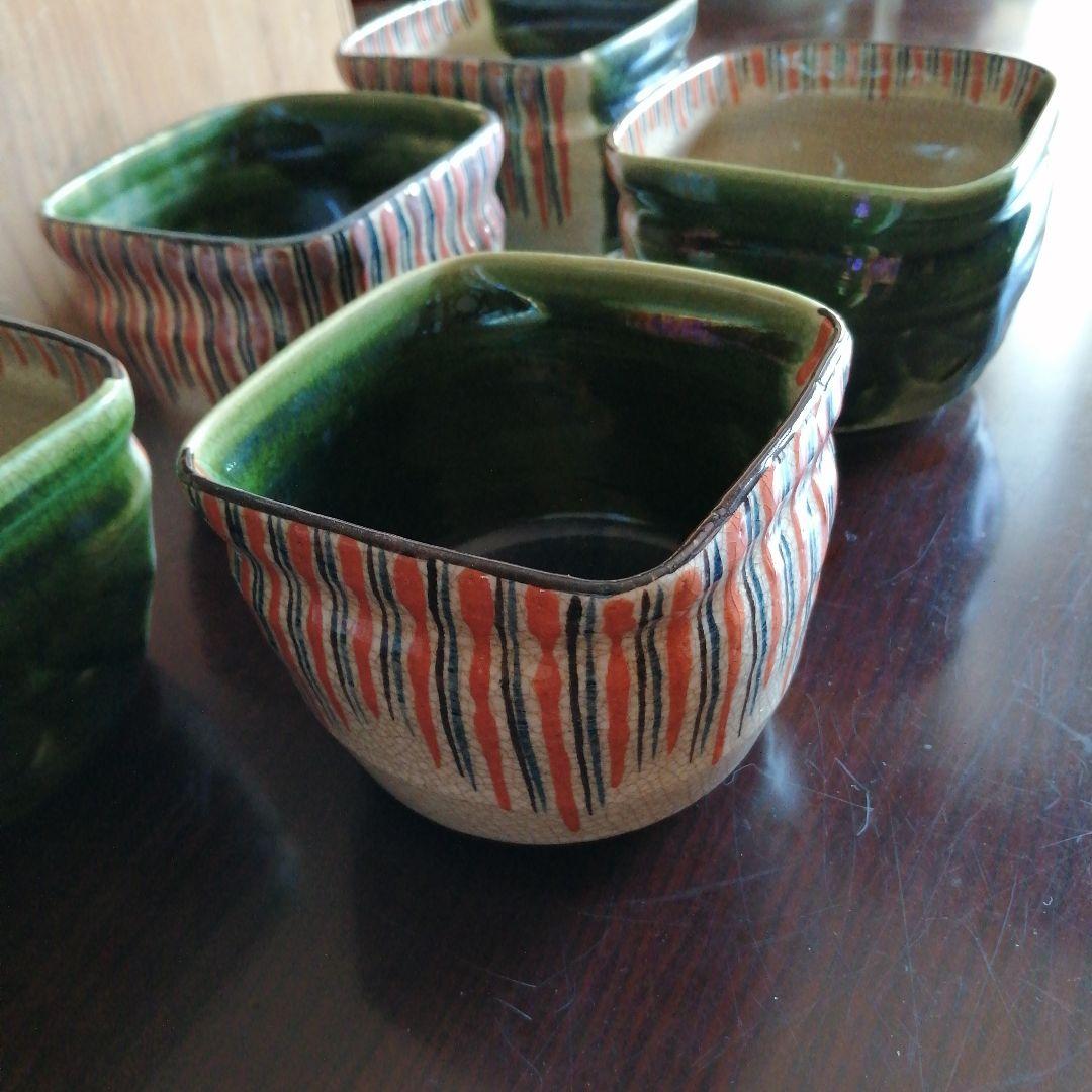 瀬戸焼　掛分織部深向付　5客　9.8cm　昭和初期