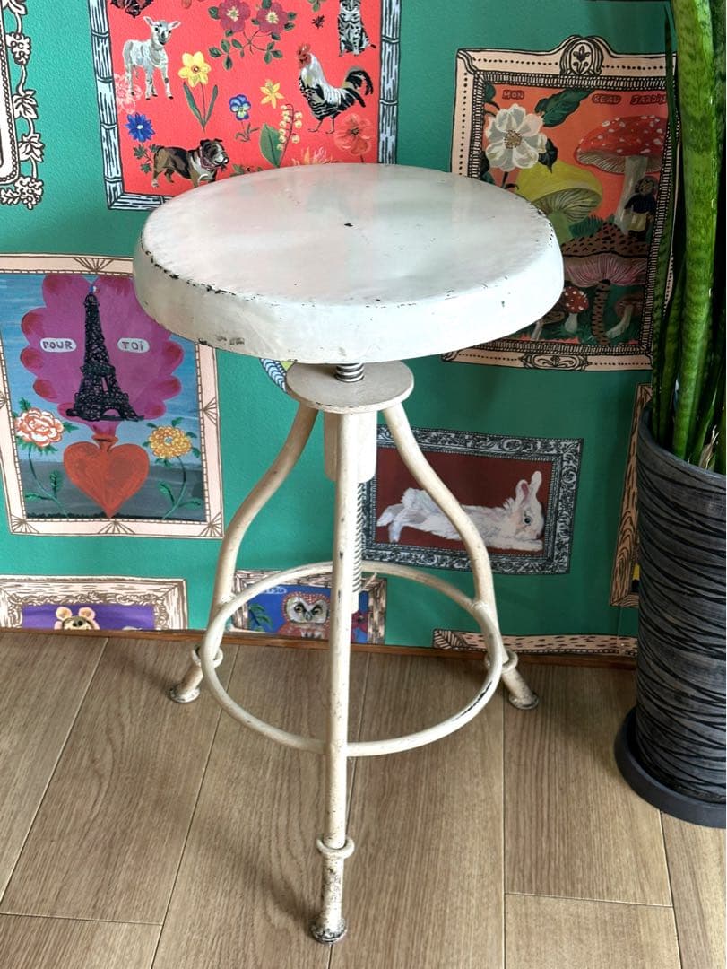 フランス製　昇降スチールチェア　アイアンスツール　インダストリアル　アンティーク