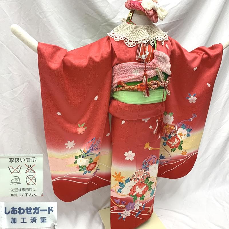 409ag40□七五三 七歳 女児 着物&袋帯 金彩 毬 花文□美品