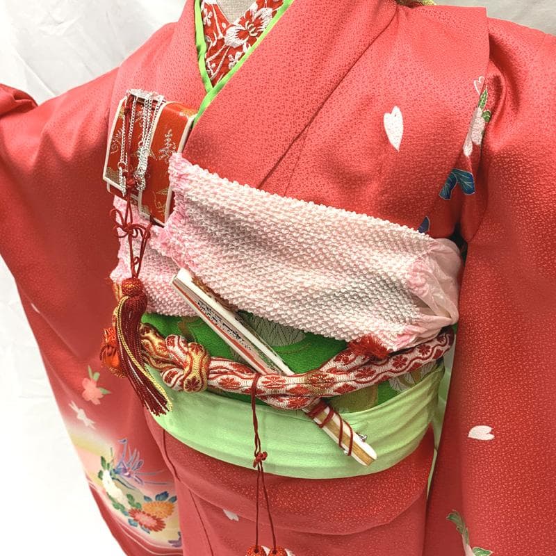 409ag40□七五三 七歳 女児 着物&袋帯 金彩 毬 花文□美品