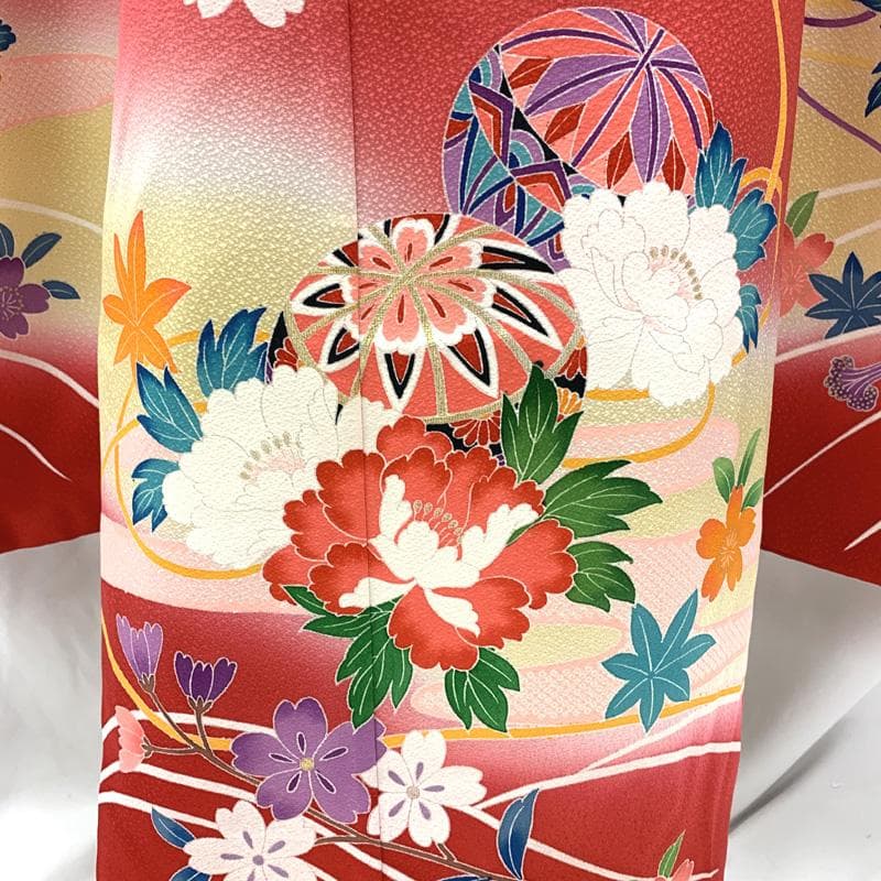 409ag40□七五三 七歳 女児 着物&袋帯 金彩 毬 花文□美品