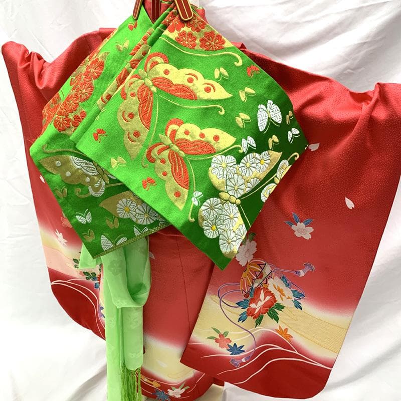 409ag40□七五三 七歳 女児 着物&袋帯 金彩 毬 花文□美品