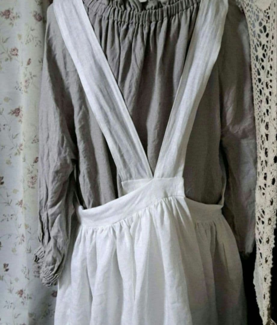 リネン100バッククロスワンピースみたいなロングエプロンドレス