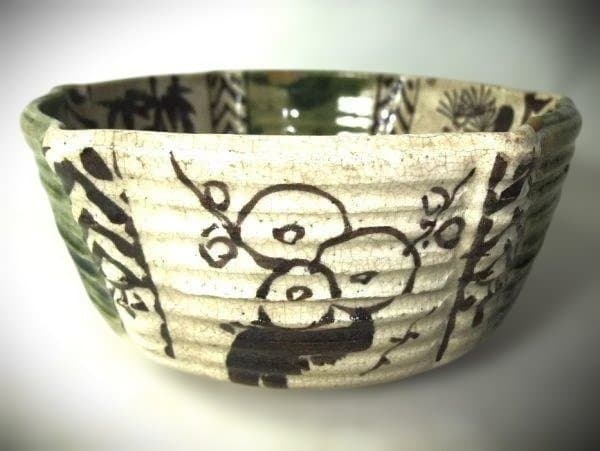 古織部 松竹梅 草花文 六角 染付 亀甲 鉢 明治初期 直し 時代物 骨董