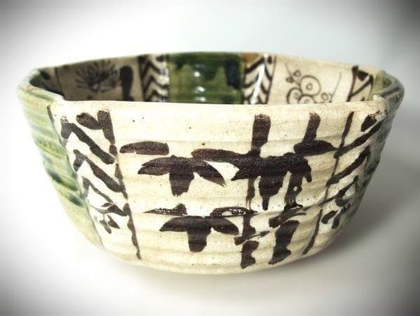 古織部 松竹梅 草花文 六角 染付 亀甲 鉢 明治初期 直し 時代物 骨董