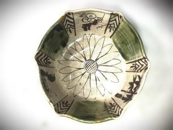 古織部 松竹梅 草花文 六角 染付 亀甲 鉢 明治初期 直し 時代物 骨董