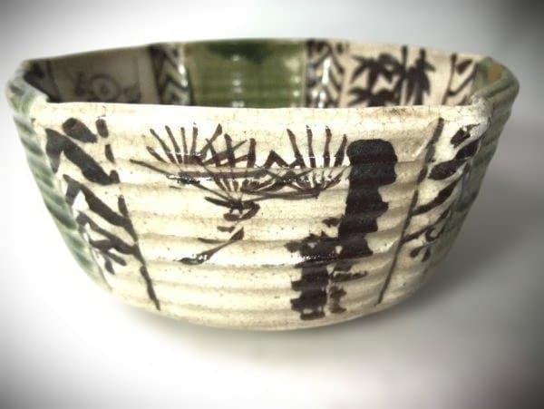 古織部 松竹梅 草花文 六角 染付 亀甲 鉢 明治初期 直し 時代物 骨董