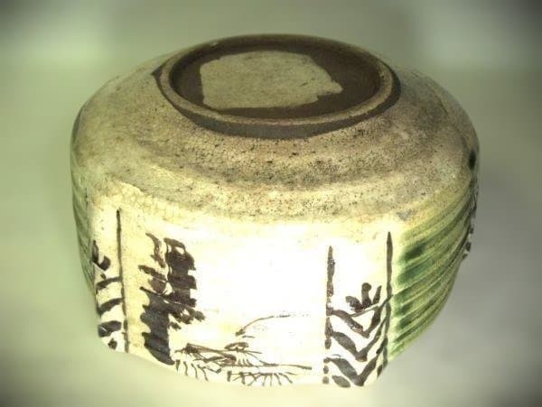 古織部 松竹梅 草花文 六角 染付 亀甲 鉢 明治初期 直し 時代物 骨董