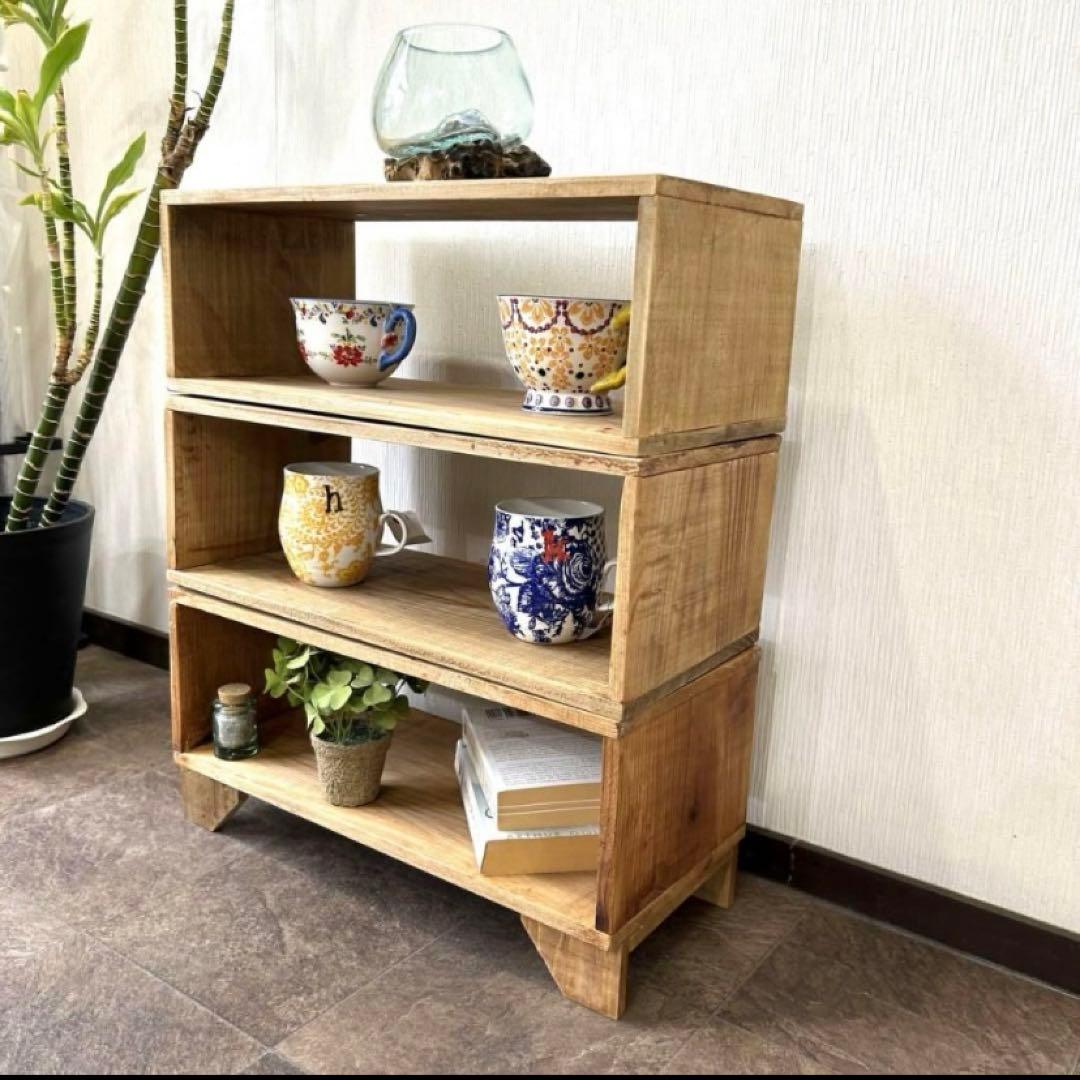3段オープンシェルフ　飾り棚　ディスプレイラック　杉材　木製ラック