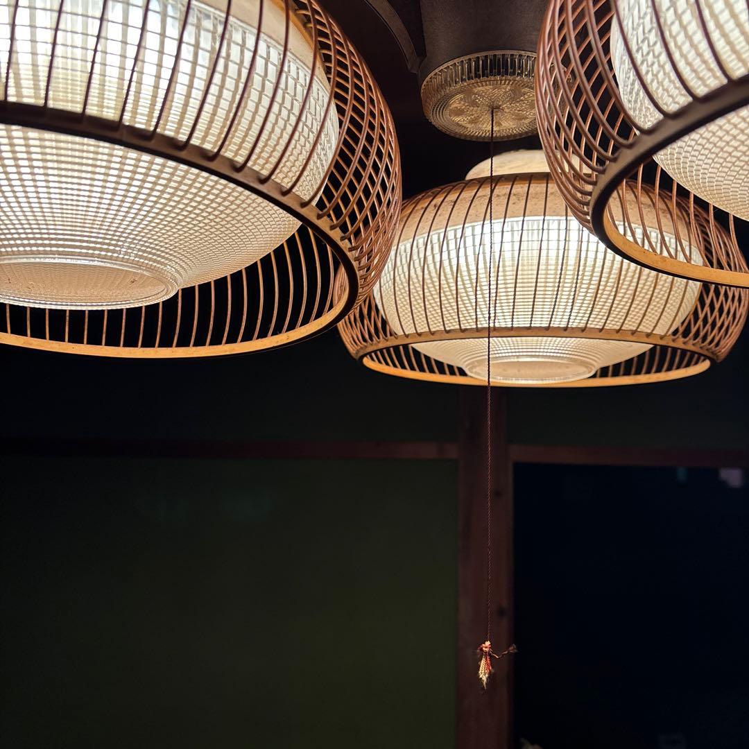 小*k様 昭和レトロ 和風ペンダントライト 3灯 竹×ガラス調 引き紐 旅館 古