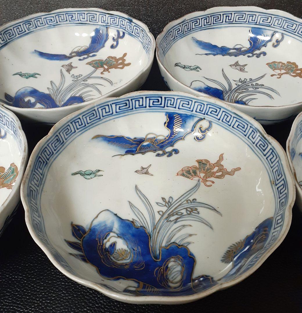 江戸時代末期～明治時代　古伊万里　染錦　岩に蘭　山並に蝶と鳥の図　輪花深皿　5客