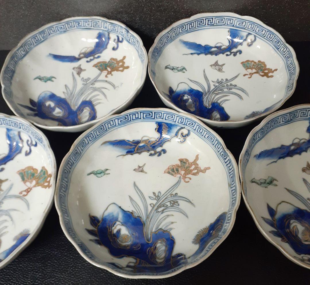 江戸時代末期～明治時代　古伊万里　染錦　岩に蘭　山並に蝶と鳥の図　輪花深皿　5客