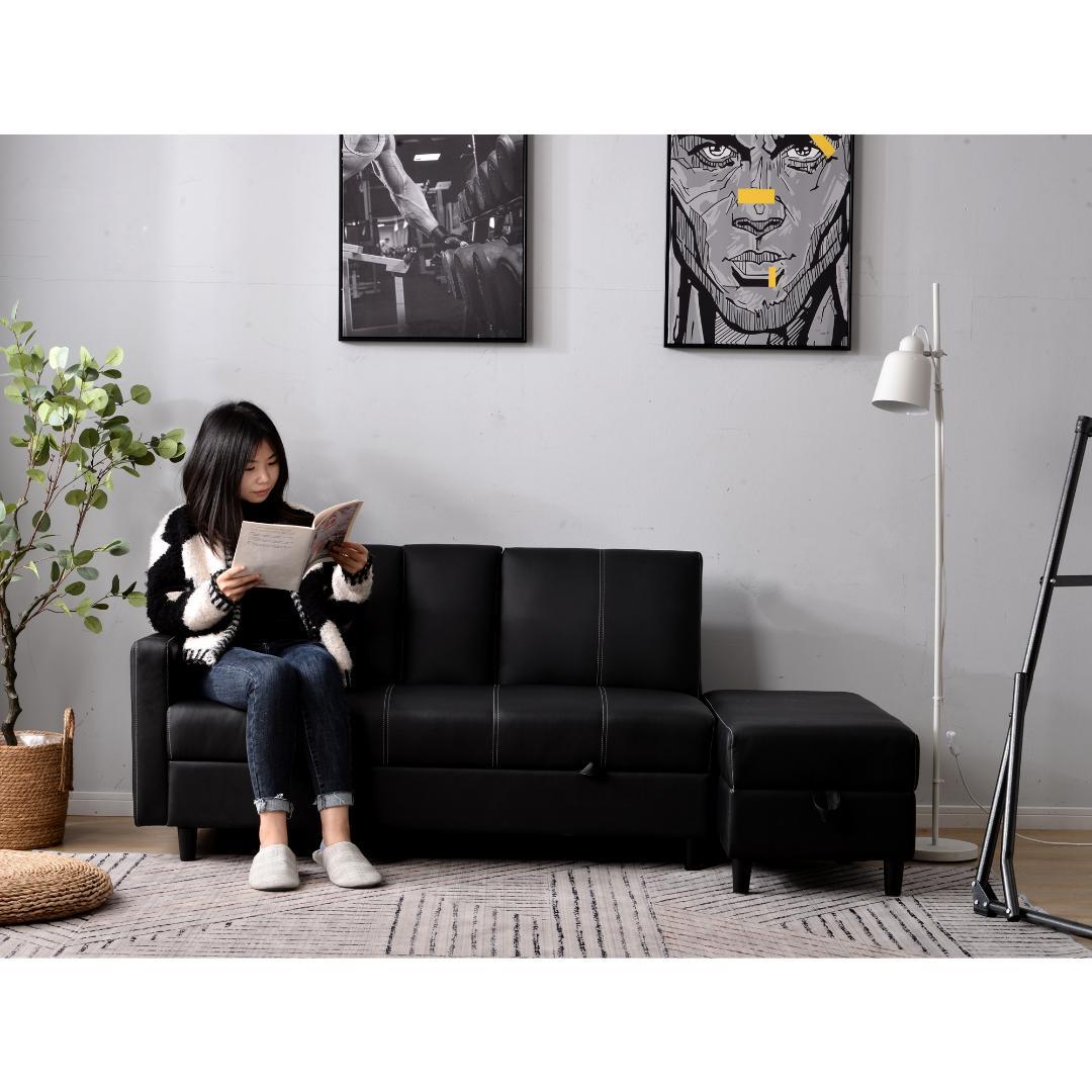 ソファー 3人掛け ソファ 多機能ソファベッド 収納機能 引き出し 【ブラック】