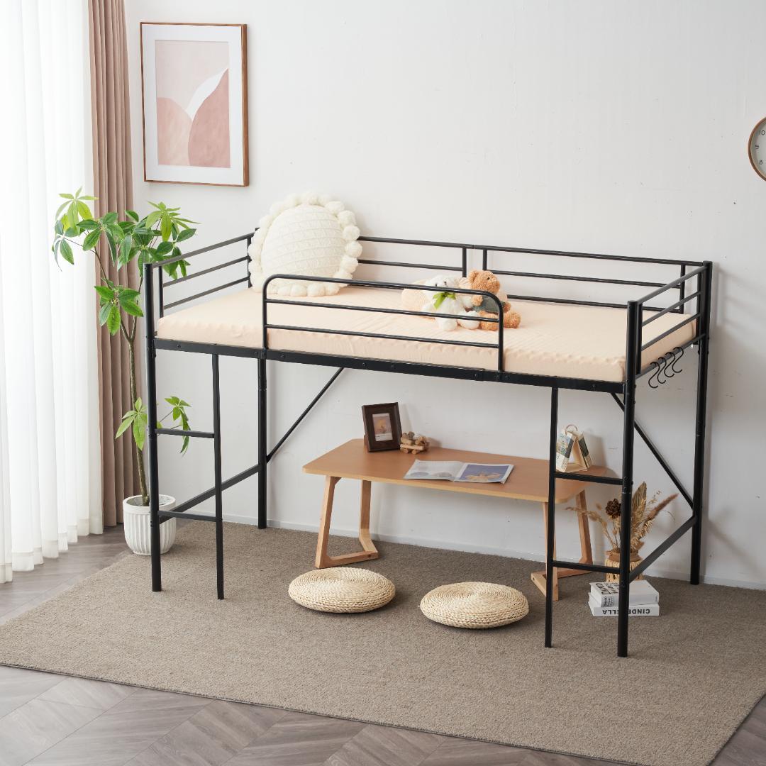 ロフトベッド　シングルサイズ　デスク付き　スチール製　北欧風　BLACK
