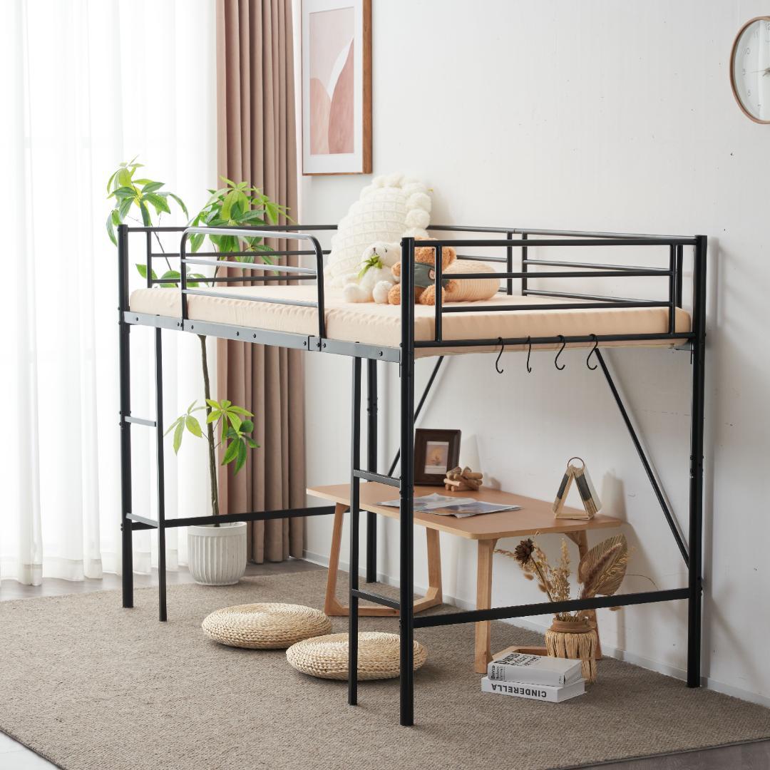 ロフトベッド　シングルサイズ　デスク付き　スチール製　北欧風　BLACK