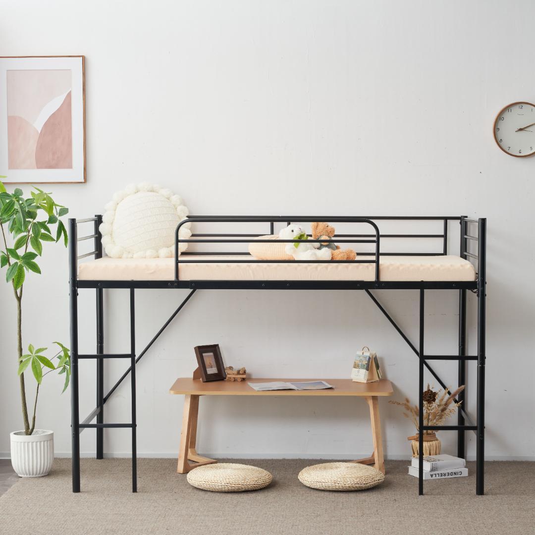 ロフトベッド　シングルサイズ　デスク付き　スチール製　北欧風　BLACK