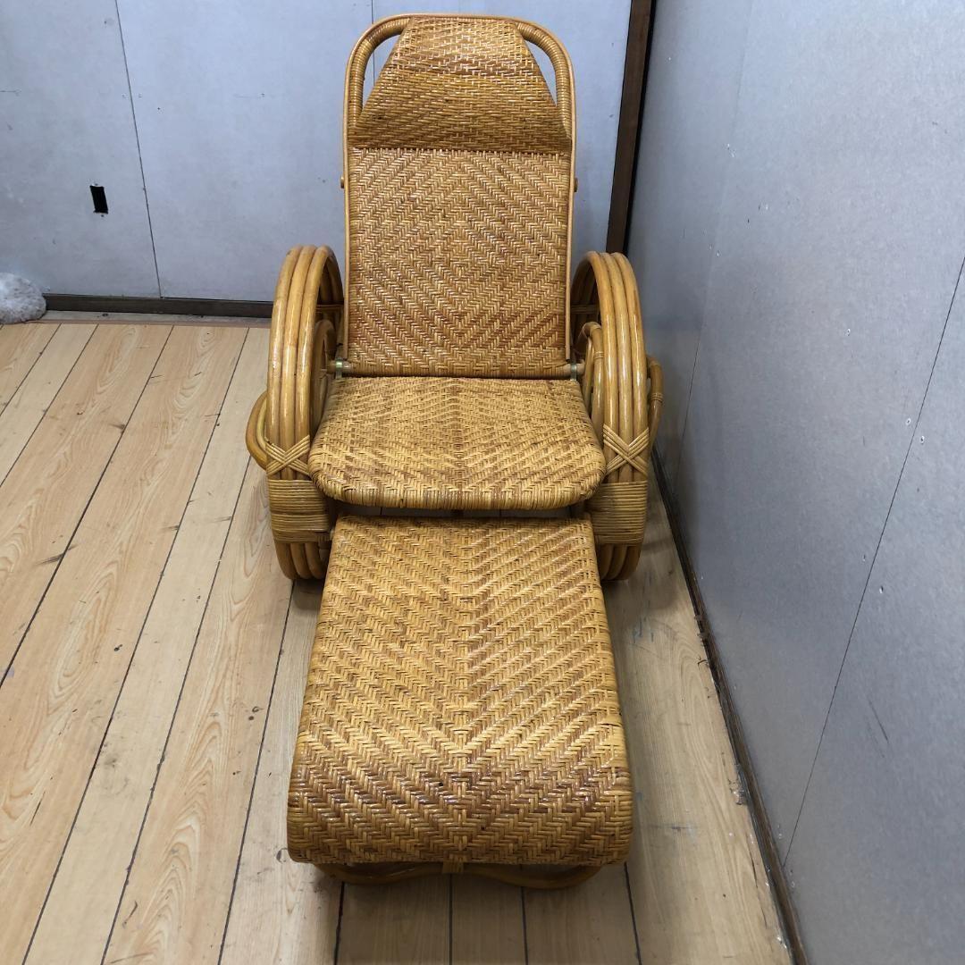 昭和レトロ ラタンリクライニングチェア オットマン付き 250717