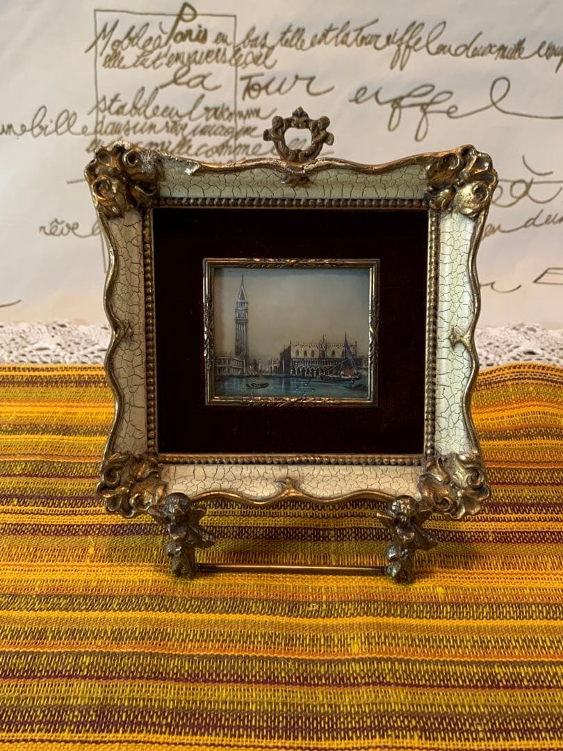 デンマーク雑貨　アンティークのベネツィアの風景が細かく描かれた趣の有る小さな額！