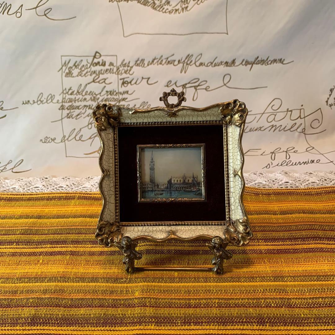デンマーク雑貨　アンティークのベネツィアの風景が細かく描かれた趣の有る小さな額！
