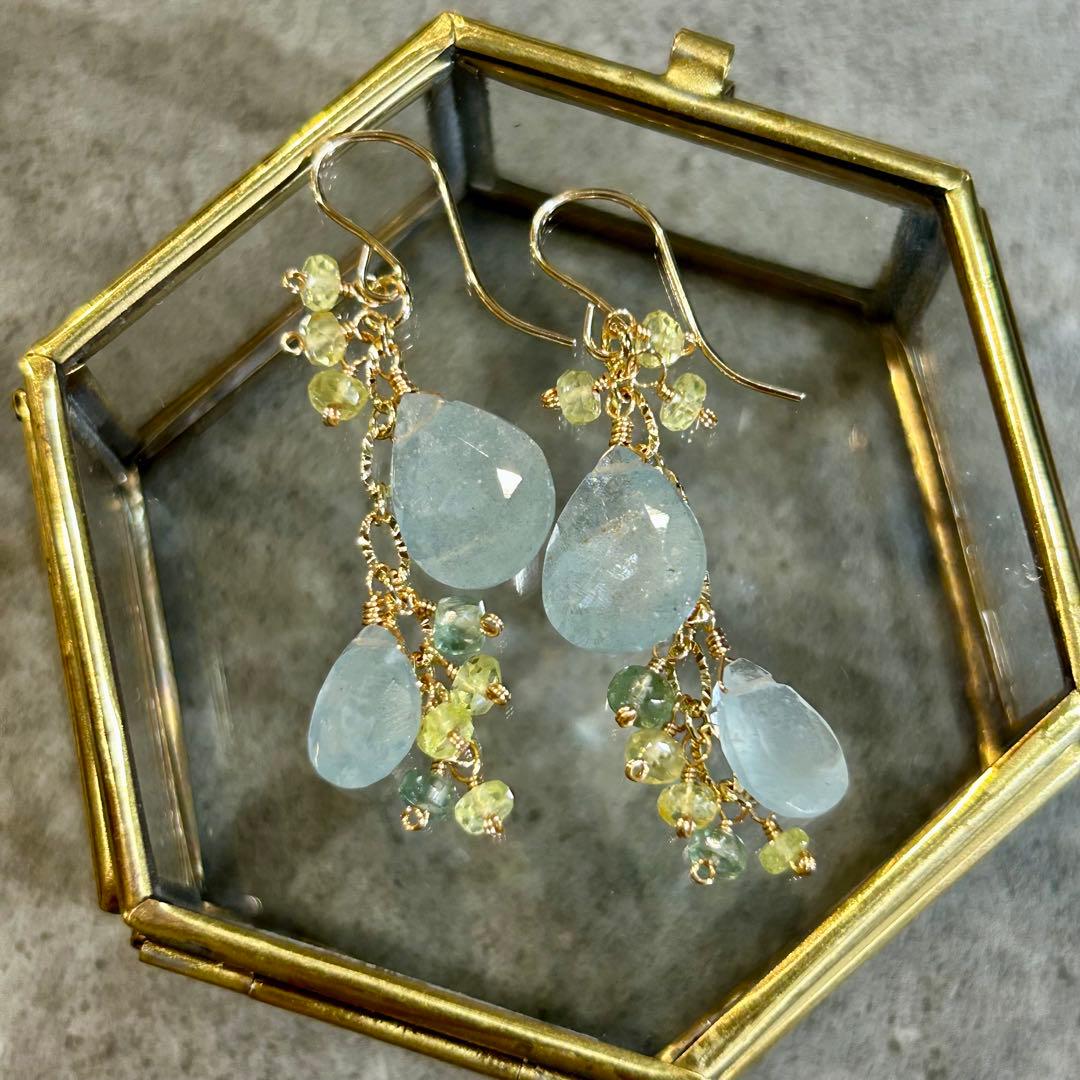 希少✳︎シンデレラアクアマリン　クリソベリル　14kgf　天然石ピアス