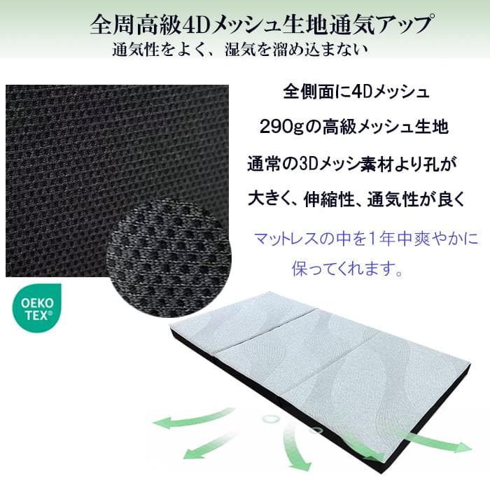 三つ折りマットレスシングル ウレタン 竹炭 3Dセル 通気抗菌 腰痛 体圧