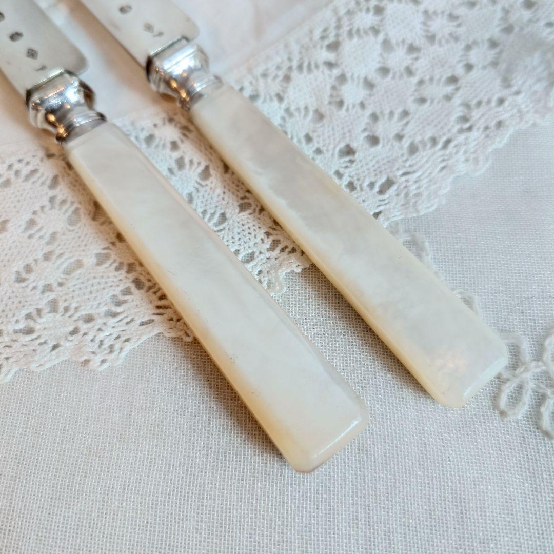 フランス製　純銀　シルバー800 ティーナイフ　マザーオブパール　白蝶貝　2本組