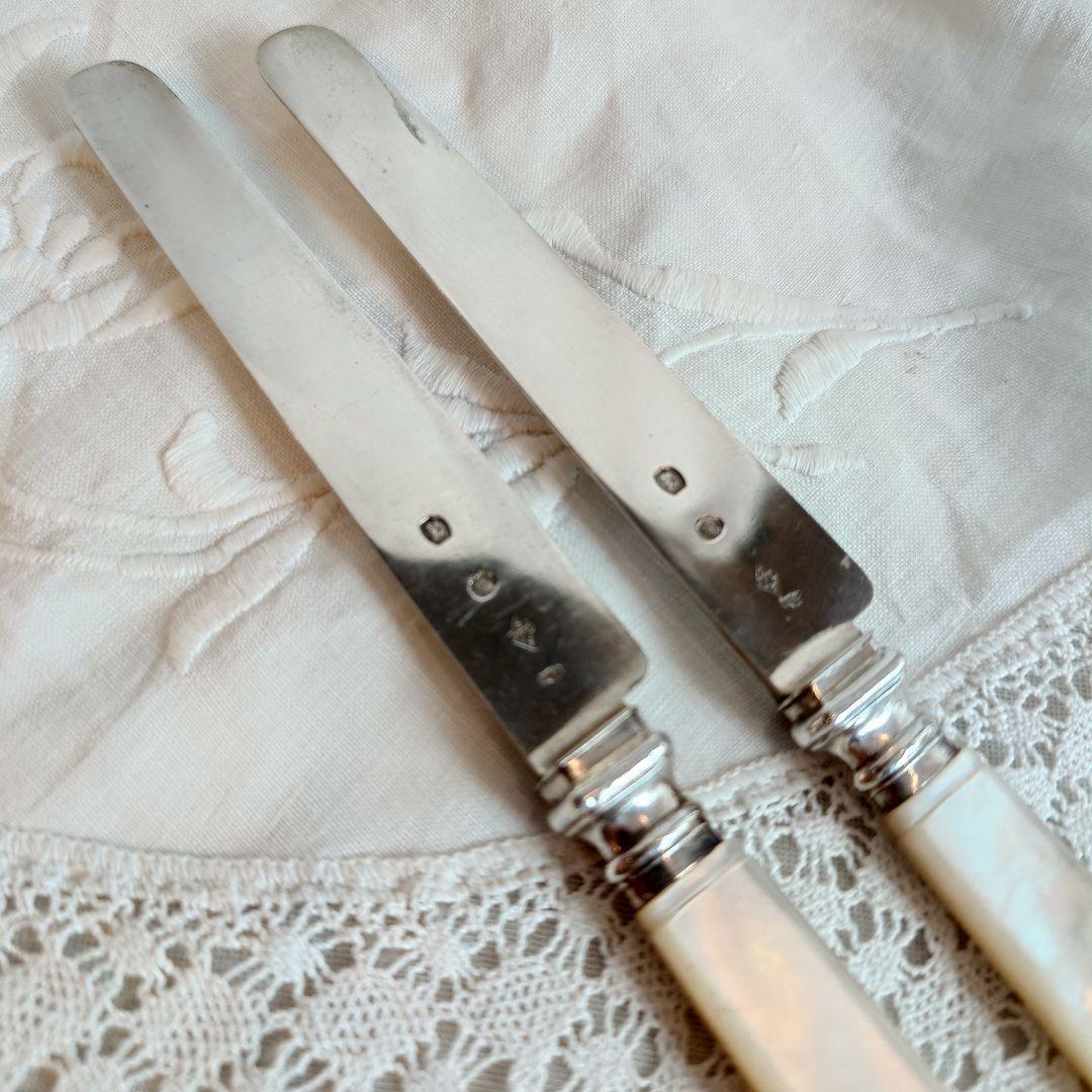 フランス製　純銀　シルバー800 ティーナイフ　マザーオブパール　白蝶貝　2本組