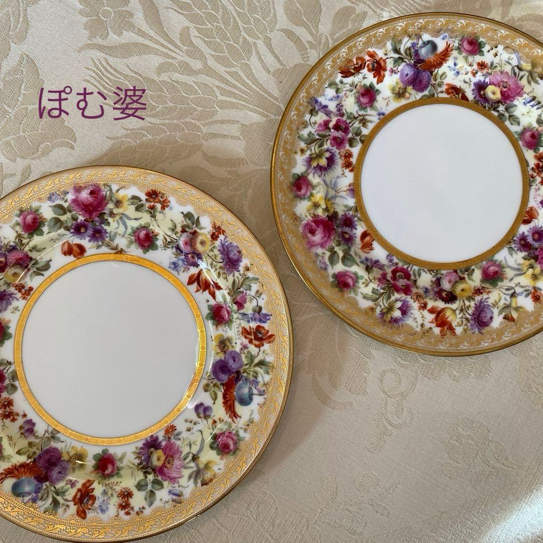 【古ロイヤルドルトン】金彩 手描き皿 ２枚セット「幅広帯にブーケ／コラモア特注」