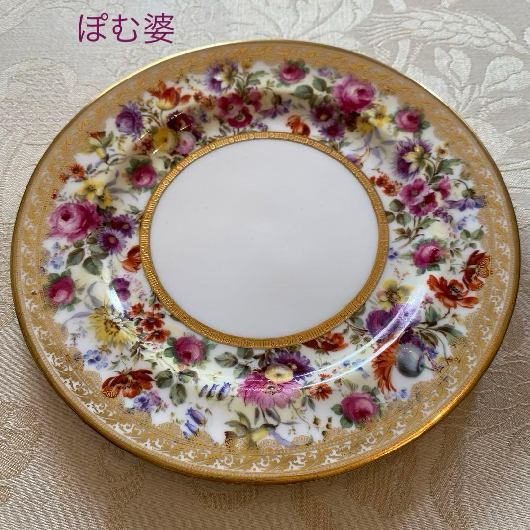【古ロイヤルドルトン】金彩 手描き皿 ２枚セット「幅広帯にブーケ／コラモア特注」