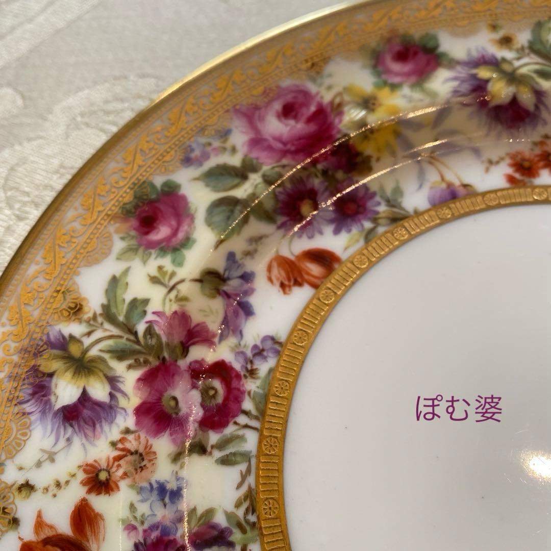 【古ロイヤルドルトン】金彩 手描き皿 ２枚セット「幅広帯にブーケ／コラモア特注」