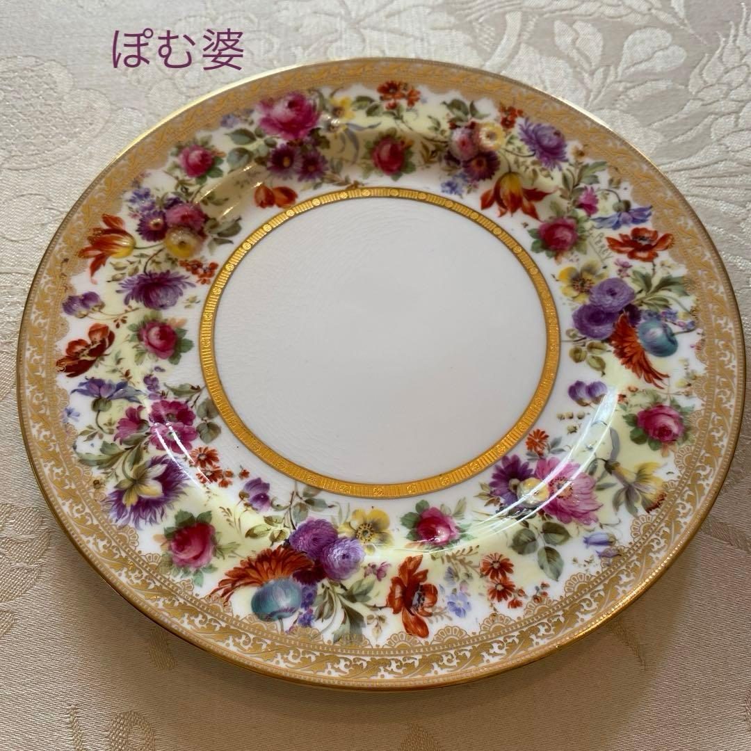 【古ロイヤルドルトン】金彩 手描き皿 ２枚セット「幅広帯にブーケ／コラモア特注」