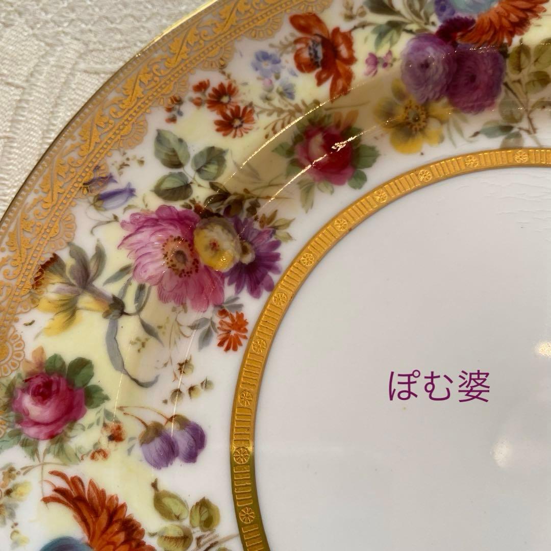 【古ロイヤルドルトン】金彩 手描き皿 ２枚セット「幅広帯にブーケ／コラモア特注」