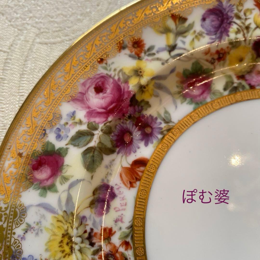 【古ロイヤルドルトン】金彩 手描き皿 ２枚セット「幅広帯にブーケ／コラモア特注」