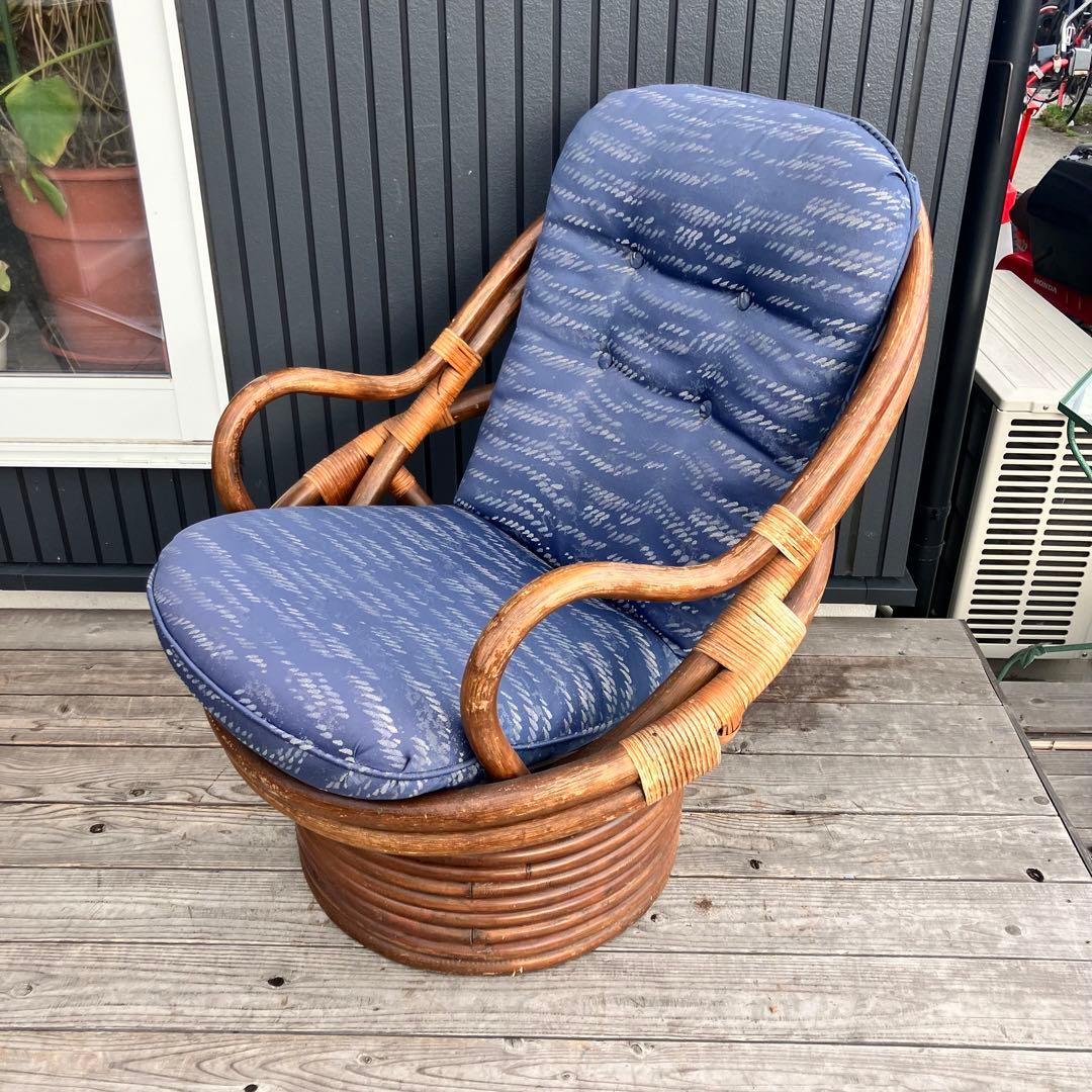 ① 昭和レトロ 回転式ラタンチェア ラウンドソファ エッグチェア アームチェア