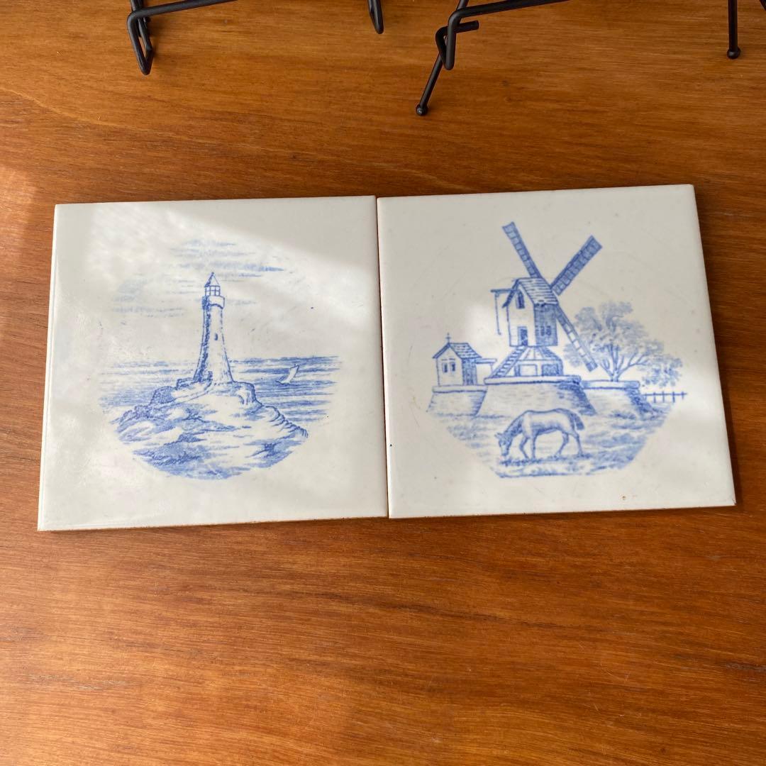英国製　ミントンタイル　風車と灯台の陶器プレート2枚セット