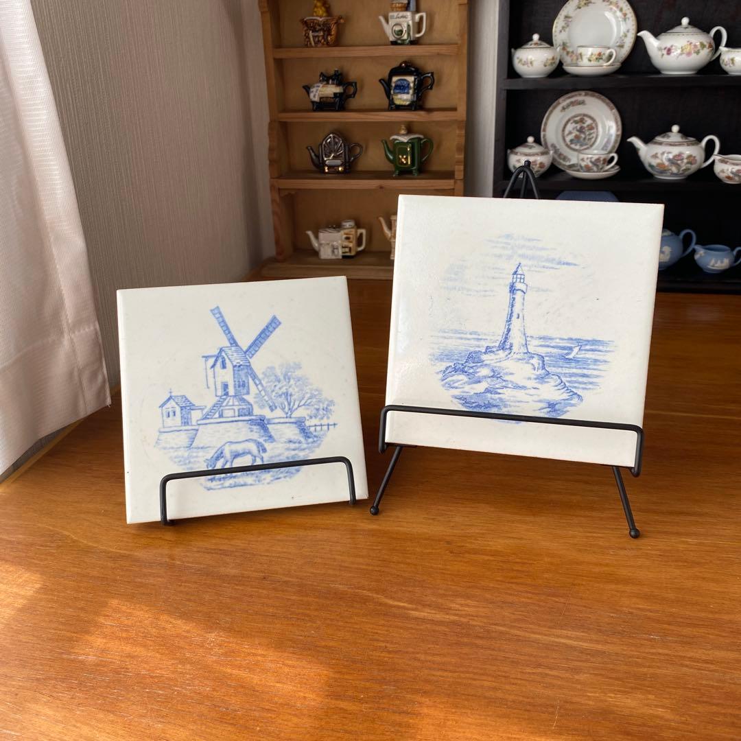 英国製　ミントンタイル　風車と灯台の陶器プレート2枚セット