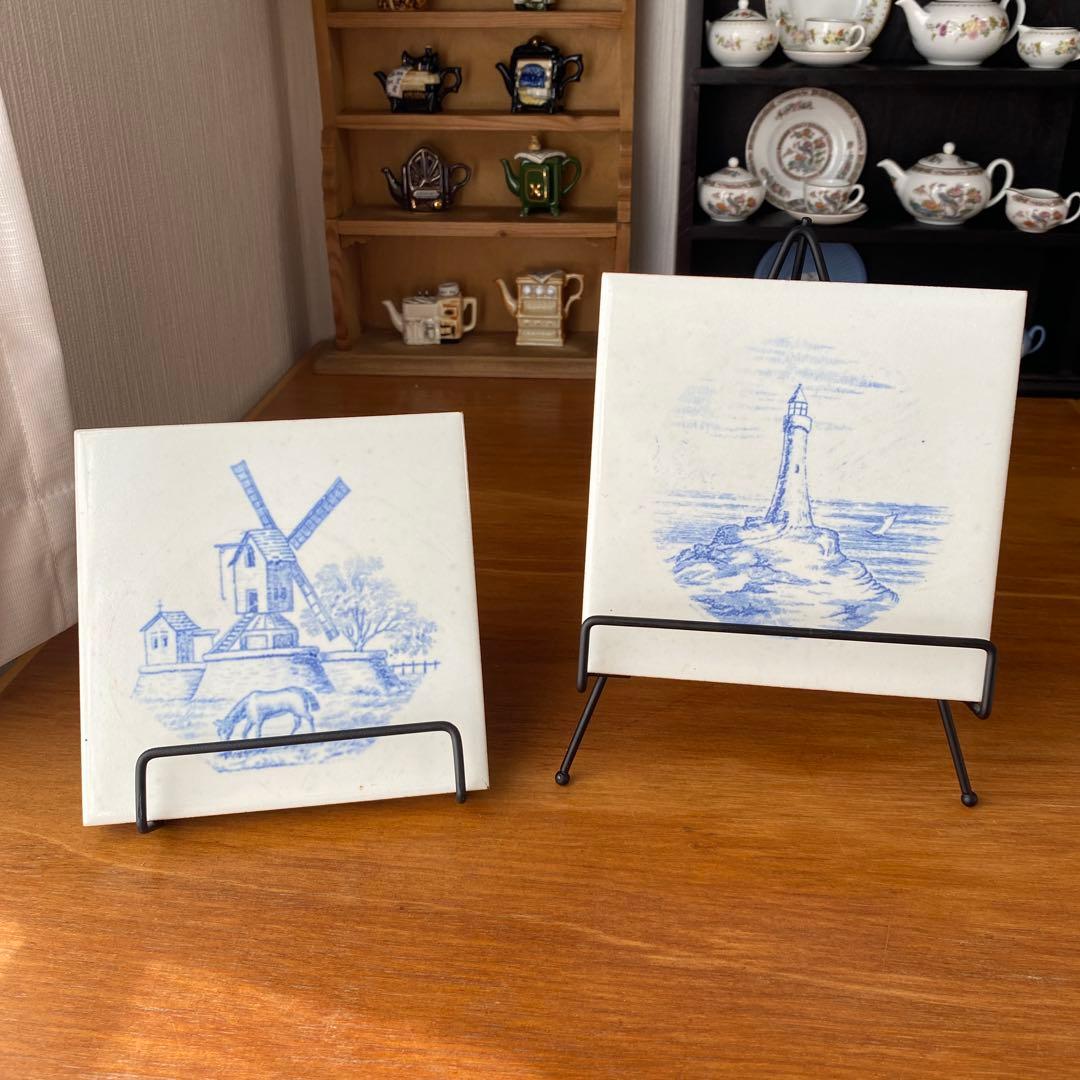 英国製　ミントンタイル　風車と灯台の陶器プレート2枚セット