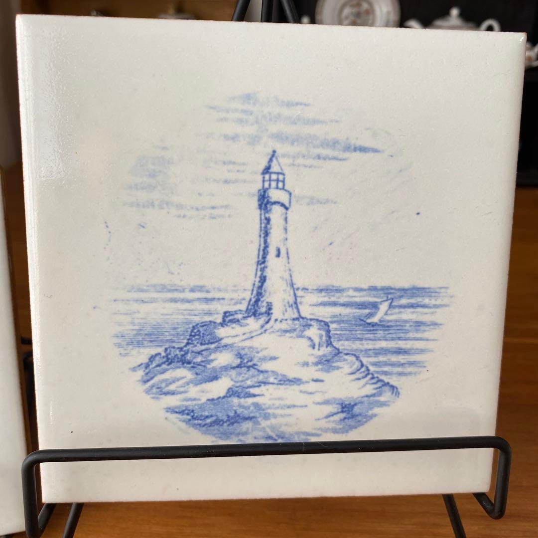 英国製　ミントンタイル　風車と灯台の陶器プレート2枚セット